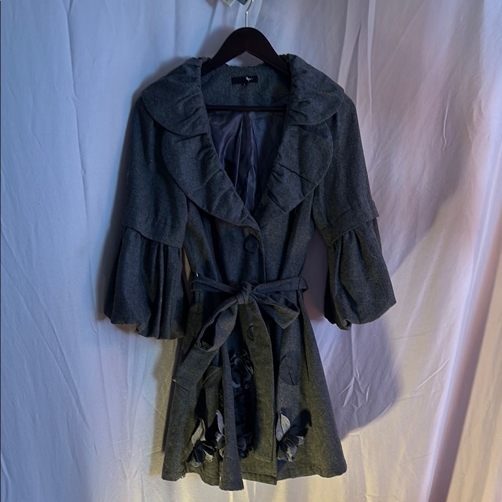 RYU Pea Coat in Gray Ruffled Coat with Belt and flower details. Size L